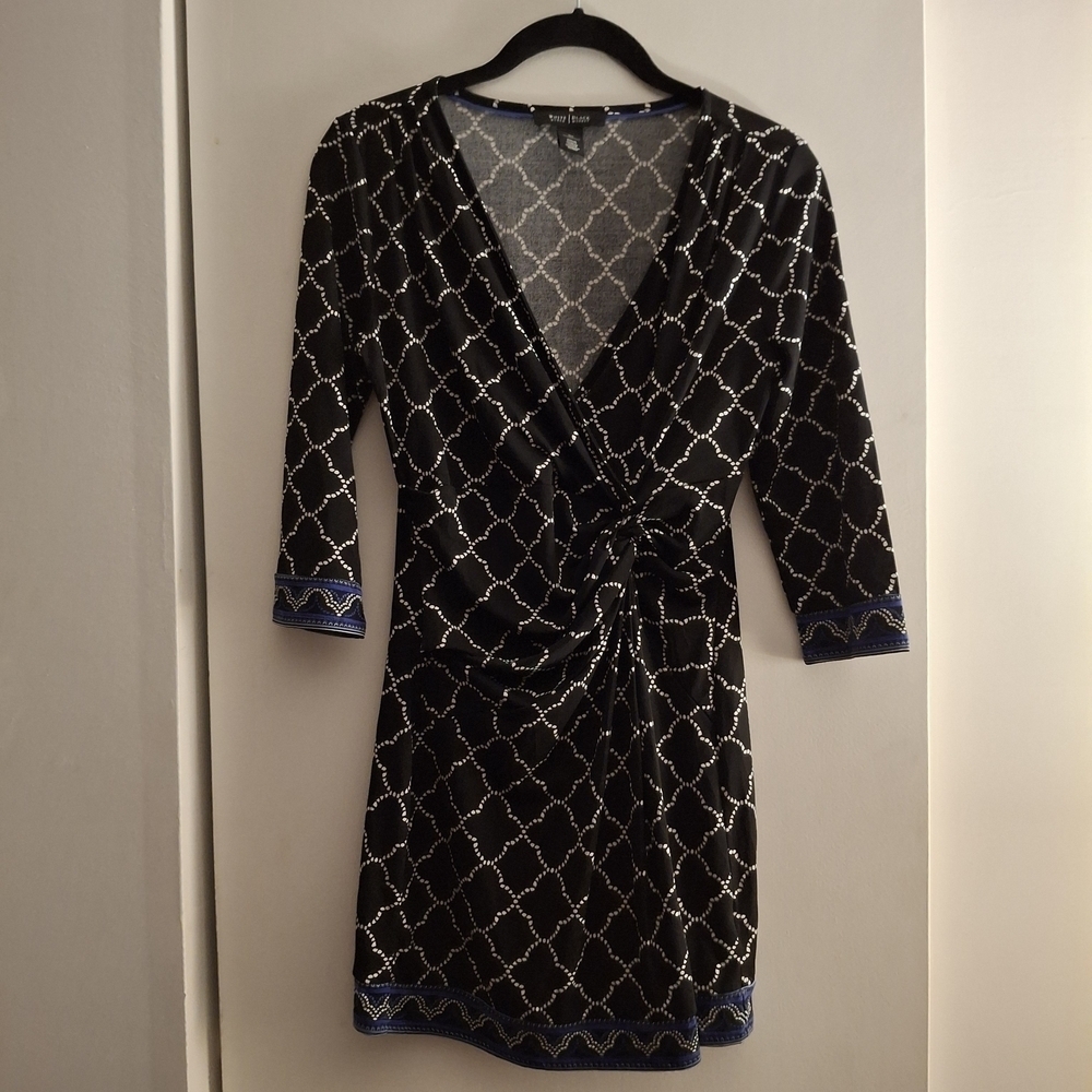 White House Black Market Black And White  Patterned Ruched Front Mini Dress